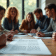Groupe de personnes autour d'une table regardant un document codé P1351