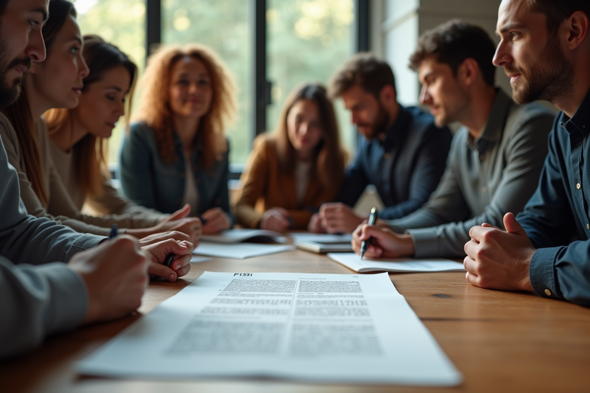 Groupe de personnes autour d'une table regardant un document codé P1351