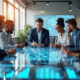 Groupe diversifié collaborant autour d un espace digital moderne