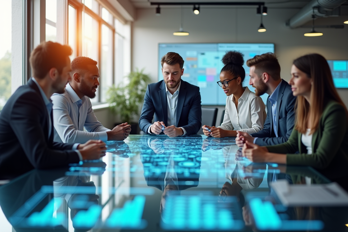Groupe diversifié collaborant autour d un espace digital moderne