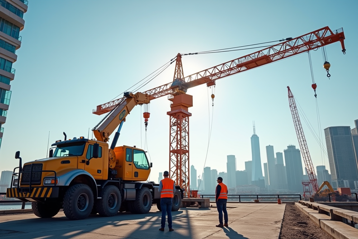 Grue de chantier moderne soulevant une poutre en acier avec ouvriers en sécurité