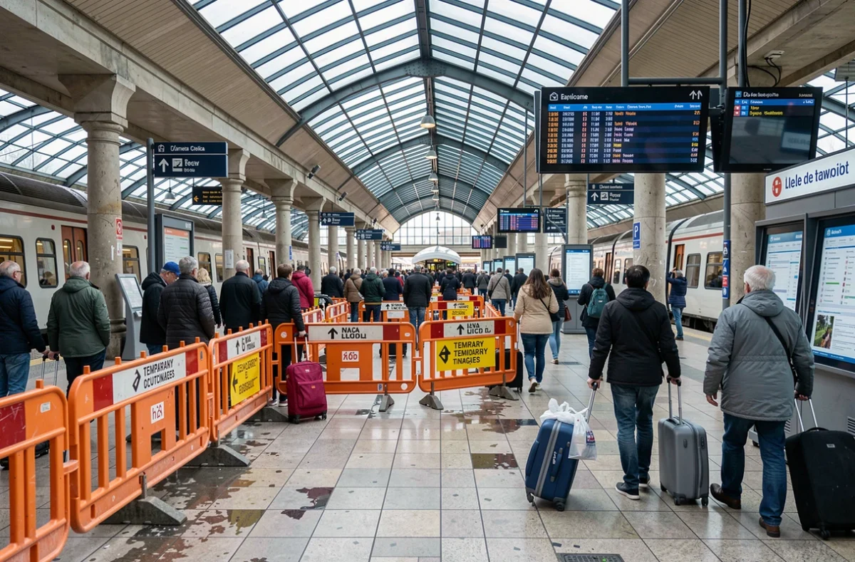 Hall de gare RER en Île-de-France avec signalétique de travaux et voyageurs consultant les panneaux de déviation