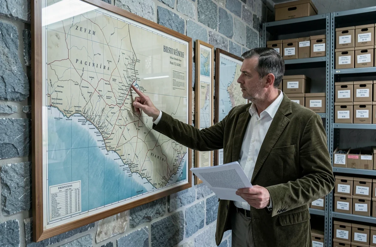 Historien pointant une carte ancienne de la Sardaigne dans une salle d'archives universitaires pour étudier les origines du nom Delogu