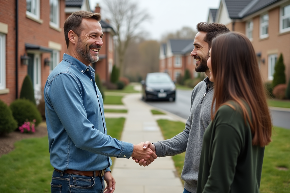 Homme souriant avec un couple devant une maison pour un article immobilier