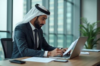 Homme d'affaires moyen-oriental en costume dans un bureau dubai