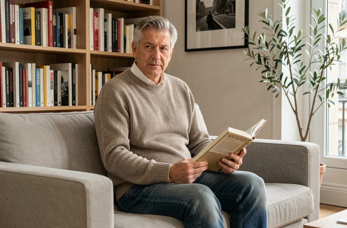 Homme cultivé et serein dans un appartement parisien moderne, portrait éditorial évoquant une vie personnelle reconstruite