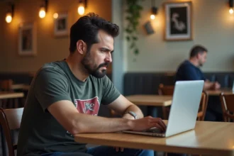 Homme assis seul au café regardant un meme sur son écran