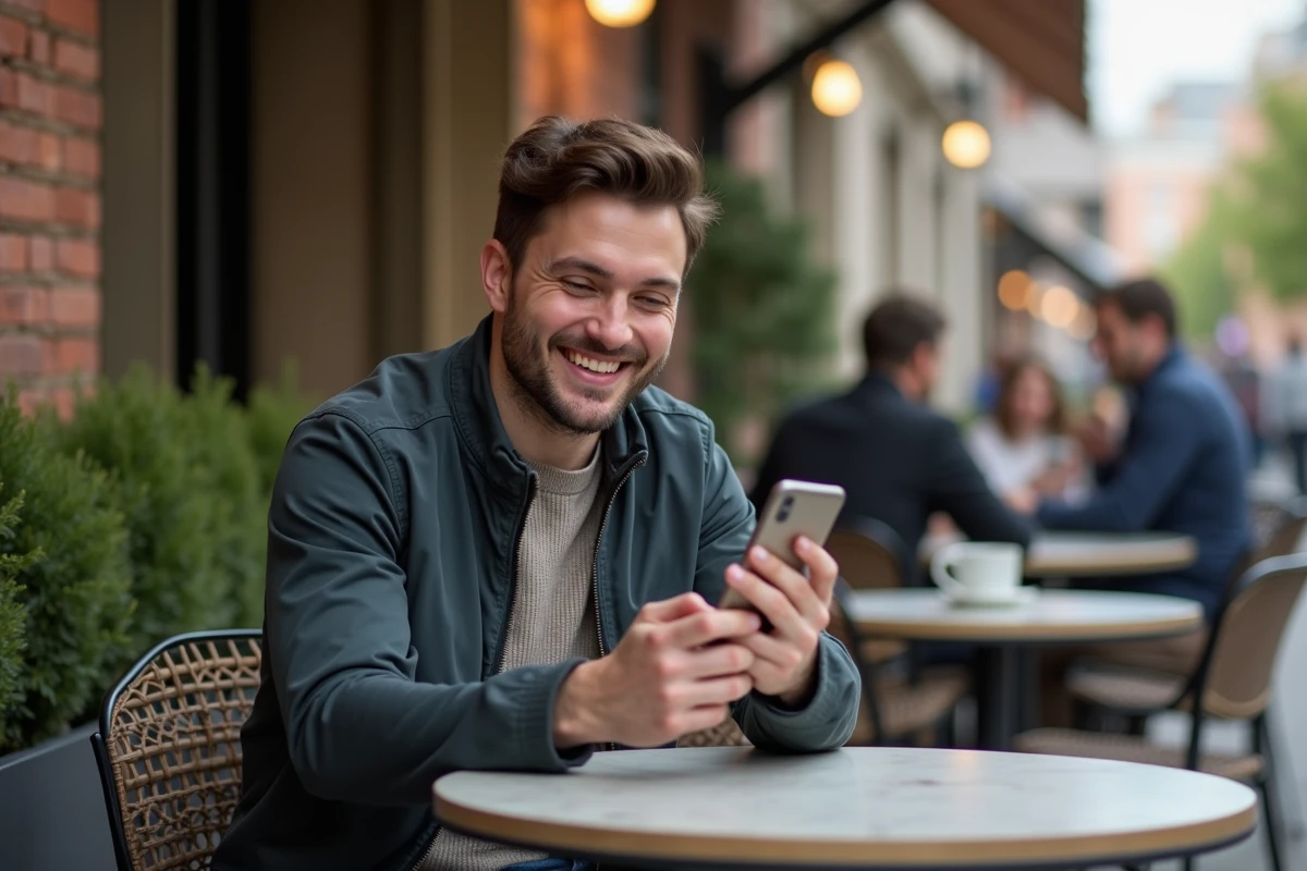 Homme détendu au café lisant un message sur son téléphone
