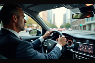 Homme d'affaires conduisant une voiture moderne en ville