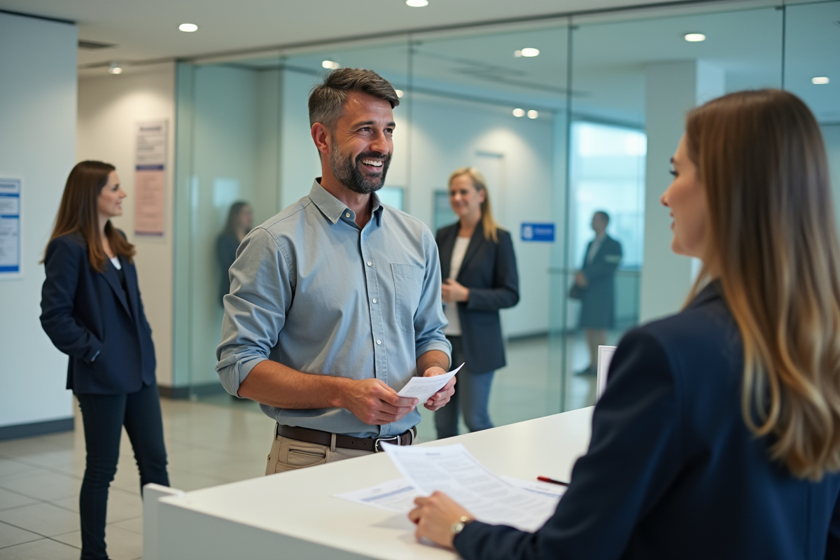 Homme parle avec un conseiller social à un guichet