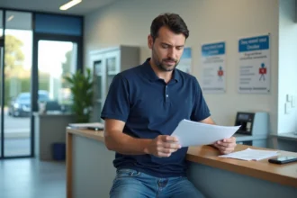 Homme confiant vérifiant ses papiers dans un bureau moderne