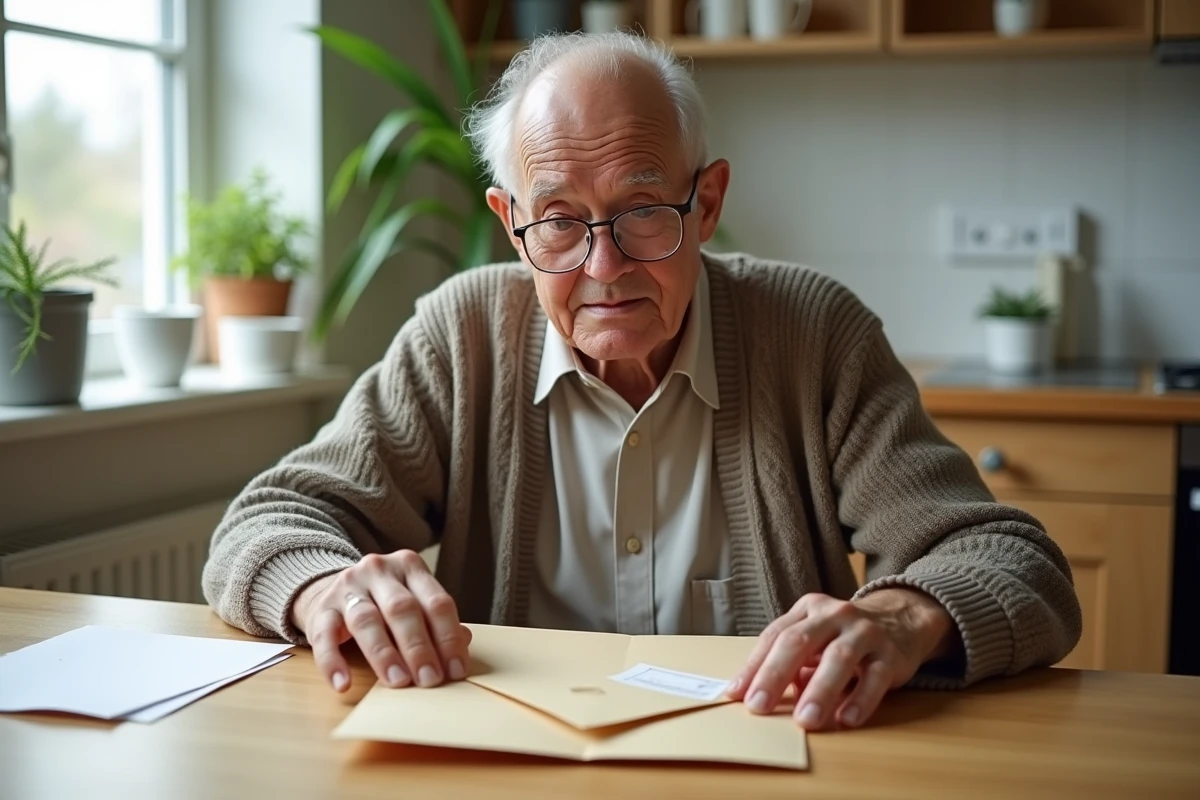 Homme âgé scelle un enveloppe dans une cuisine lumineuse