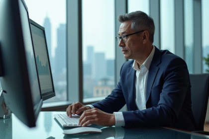 Homme d'affaires en costume analysant des graphiques financiers