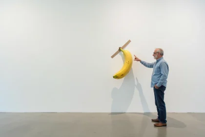 Homme dans une galerie d'art regardant une banane collée au mur