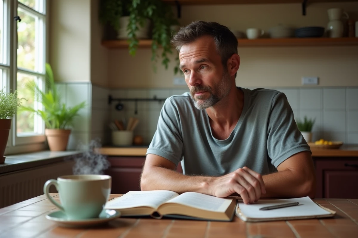 Homme consultant un livre de grammaire française à la table d'un gîte de vacances