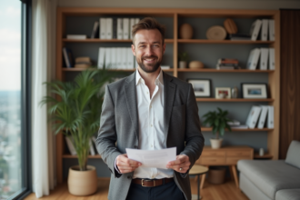 Homme confiant en blazer dans un appartement moderne
