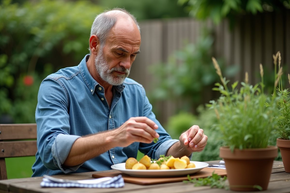 Homme saupoudrant des herbes sur un plat en extérieur