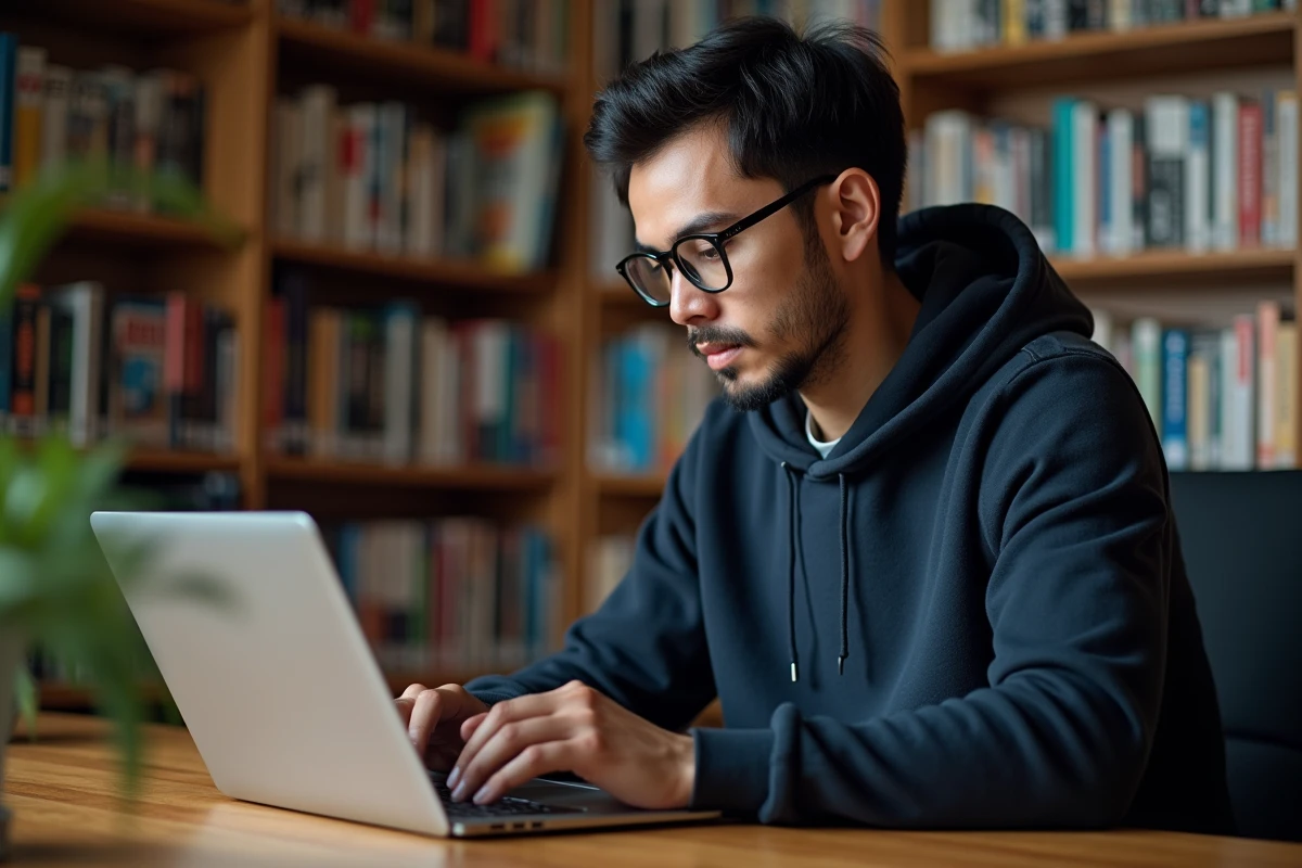 Homme parcourant des alternatives à Crunshy sur un ordinateur portable dans un bureau à domicile entouré de manga
