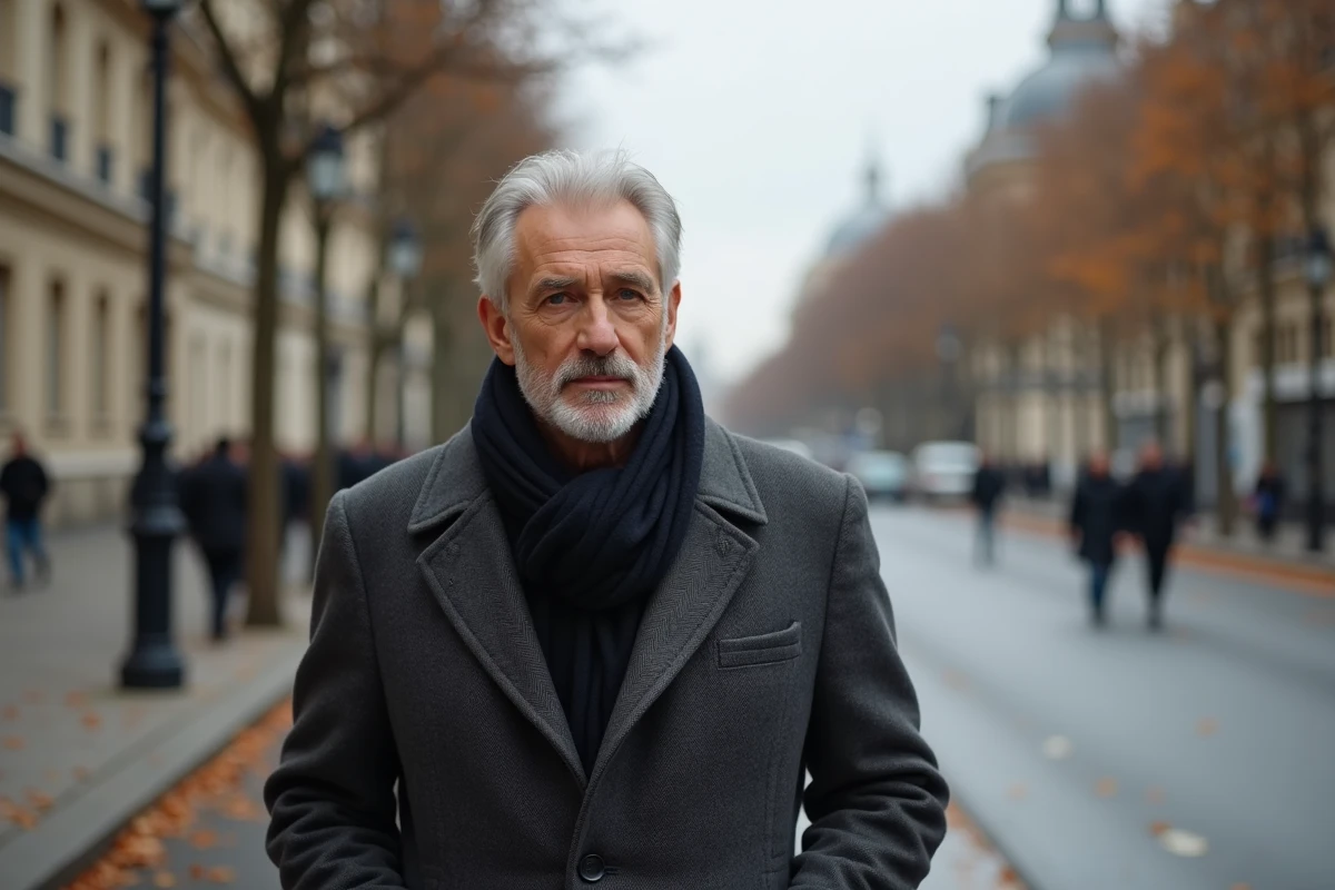 Homme élégant en manteau gris marchant sur un boulevard parisien en automne
