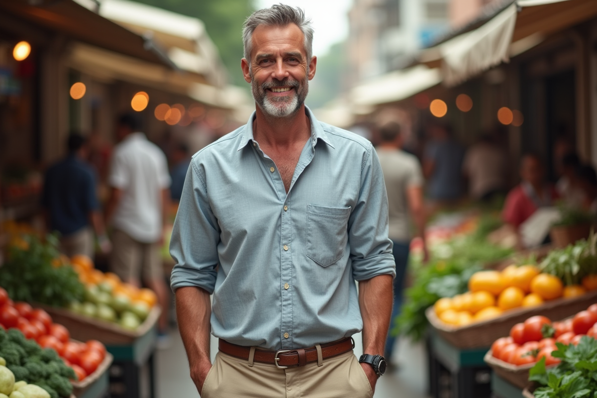 Homme dans un marché urbain avec vêtements durables
