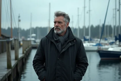 Homme sérieux regardant la marina scandinave