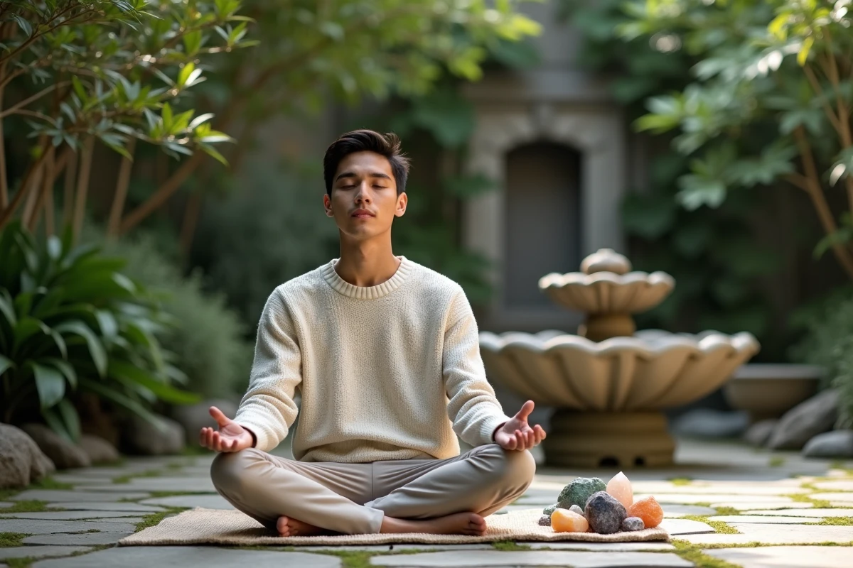 Jeune homme méditant avec des cristaux dans un jardin