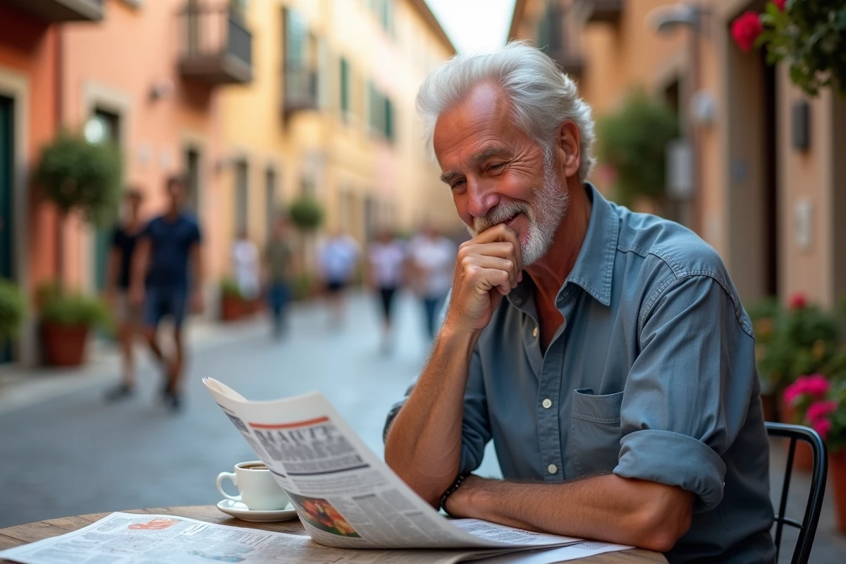 Homme de 65 ans résolvant des mots croisés sur des villes italiennes attablé en terrasse de café sur une piazza italienne ensoleillée avec une carte de l'Italie dépliée