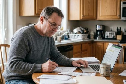 Homme organisant ses papiers dans la cuisine pour gérer ses finances