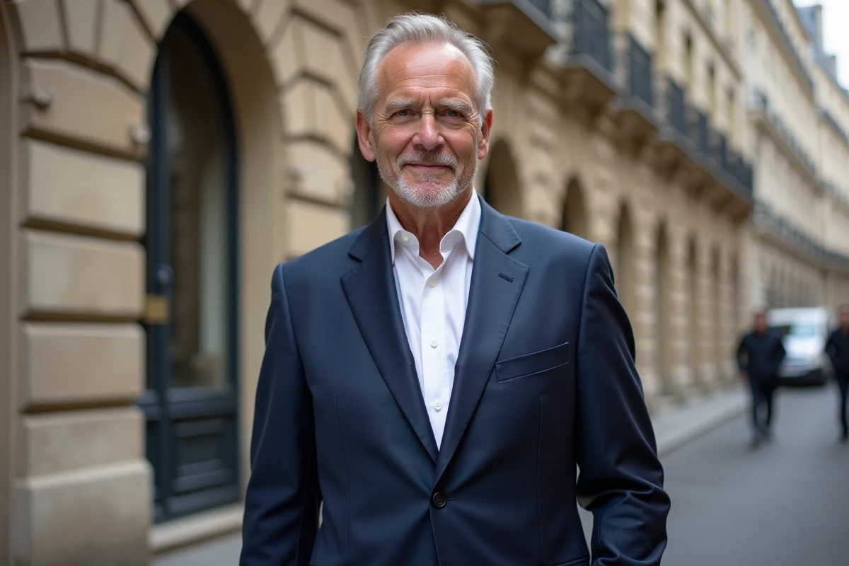 Portrait d'un homme politique français en costume bleu marine devant un immeuble haussmannien à Paris