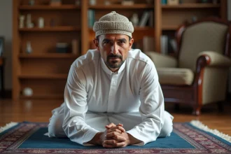 Homme musulman en prière sur un tapis de prière traditionnel à Douai, représentant les horaires de salat quotidiens