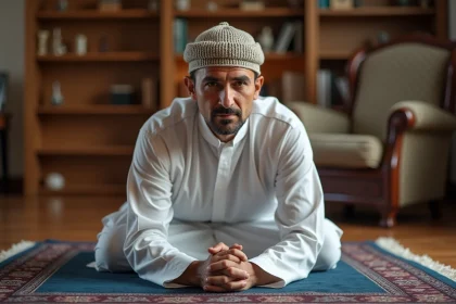 Homme musulman en prière sur un tapis de prière traditionnel à Douai, représentant les horaires de salat quotidiens