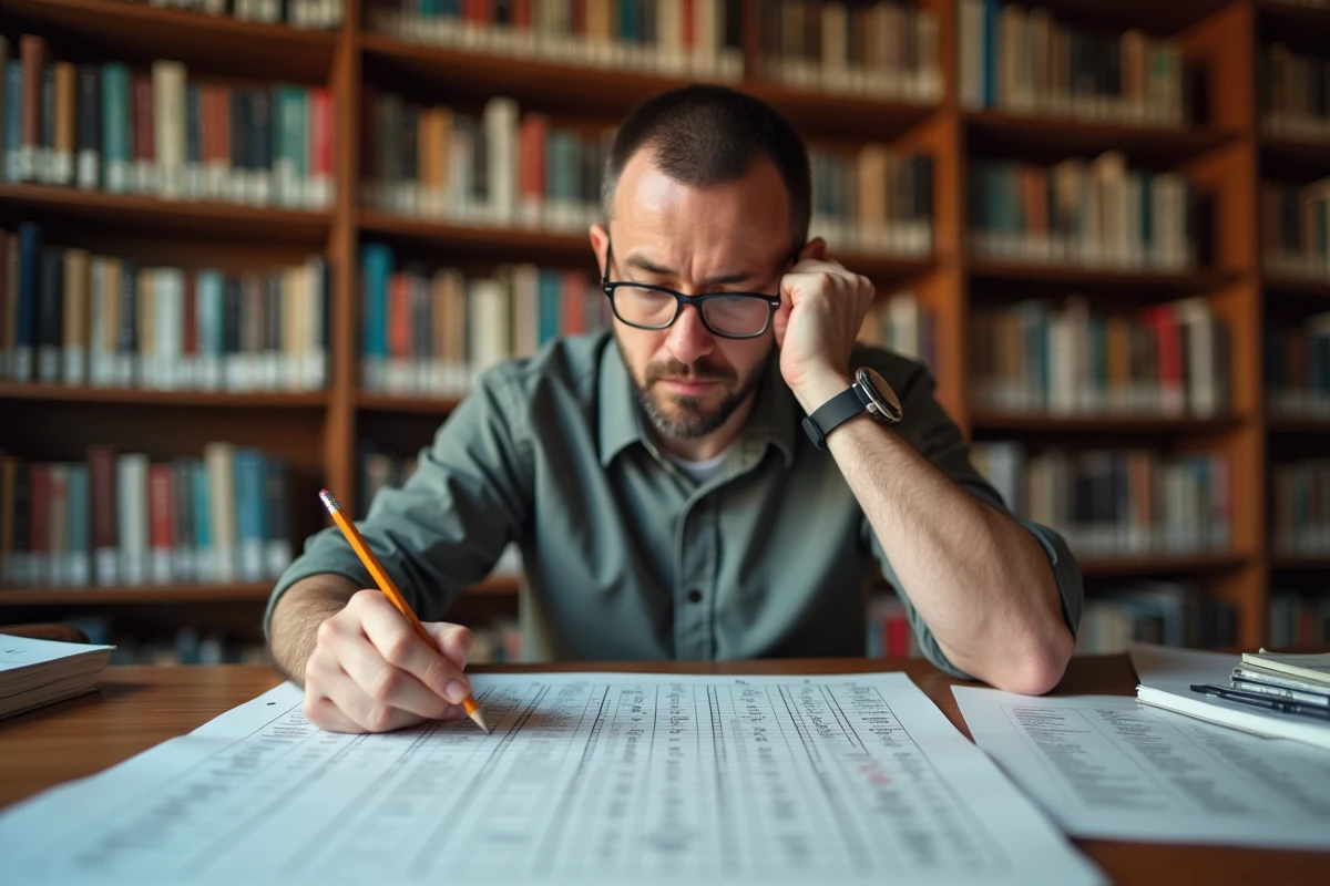Homme en bibliothèque résolvant un puzzle de mots croises