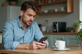 Homme en cuisine regardant son smartphone avec réflexion