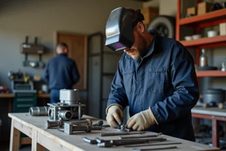 Homme d'âge moyen en équipement de soudure dans son atelier