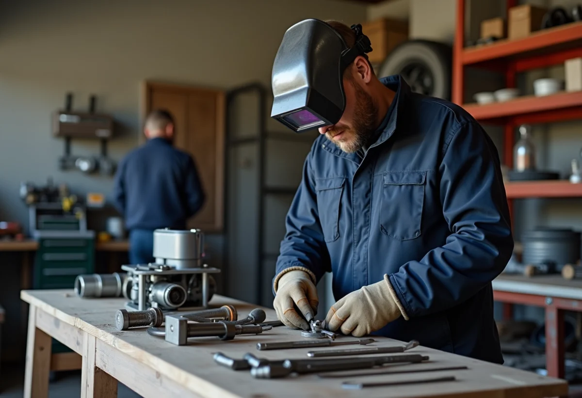 Homme d'âge moyen en équipement de soudure dans son atelier