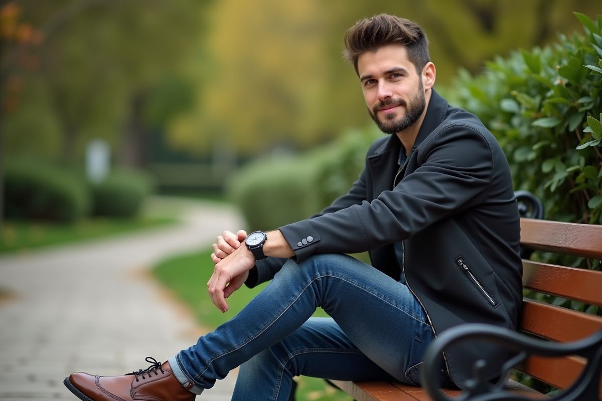 Jeune homme assis sur un banc dans un parc en style décontracté