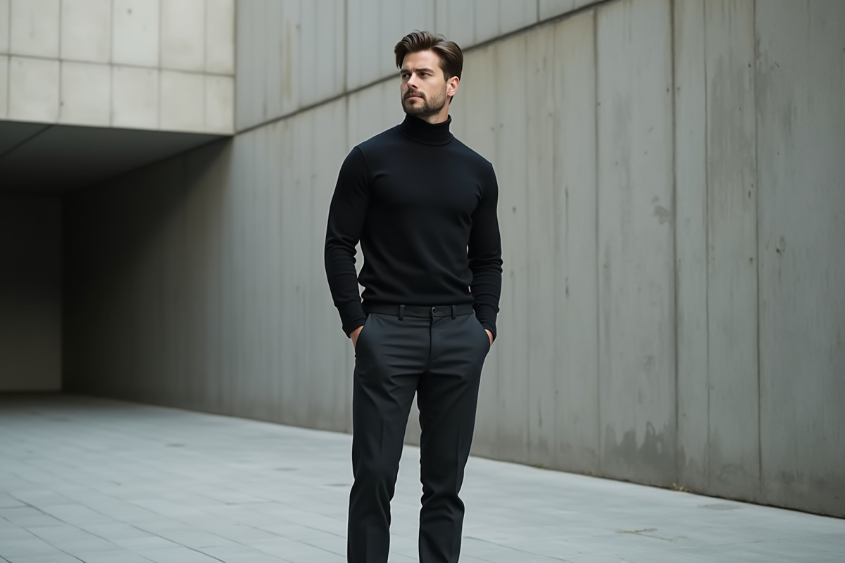 Homme en turtleneck noir dans une cour urbaine calme