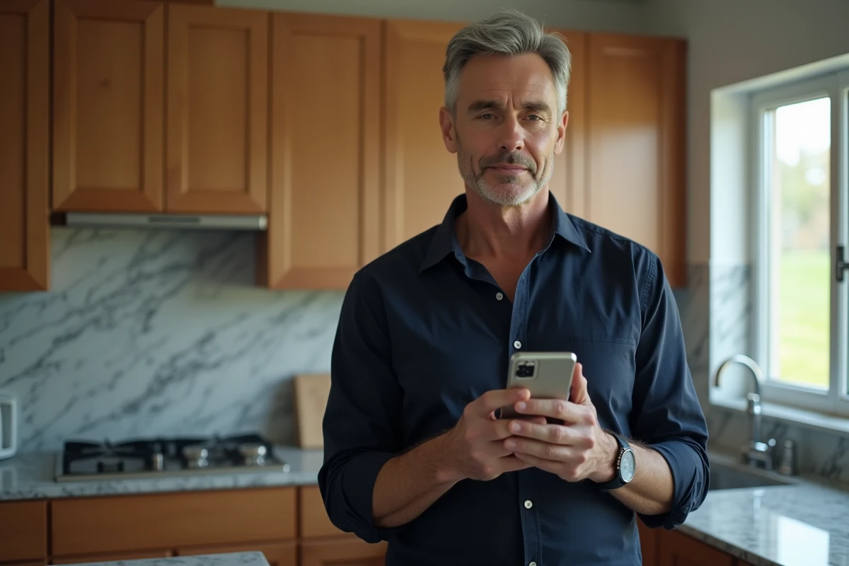Homme dans une cuisine vérifiant la fiabilité d'avis en ligne sur son smartphone