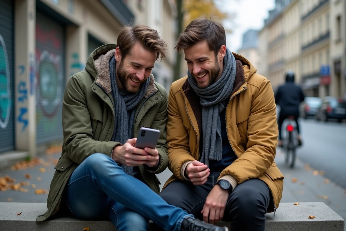 Deux hommes dans la trentaine regardent avec nostalgie un ancien Skyblog sur smartphone dans une rue parisienne en automne