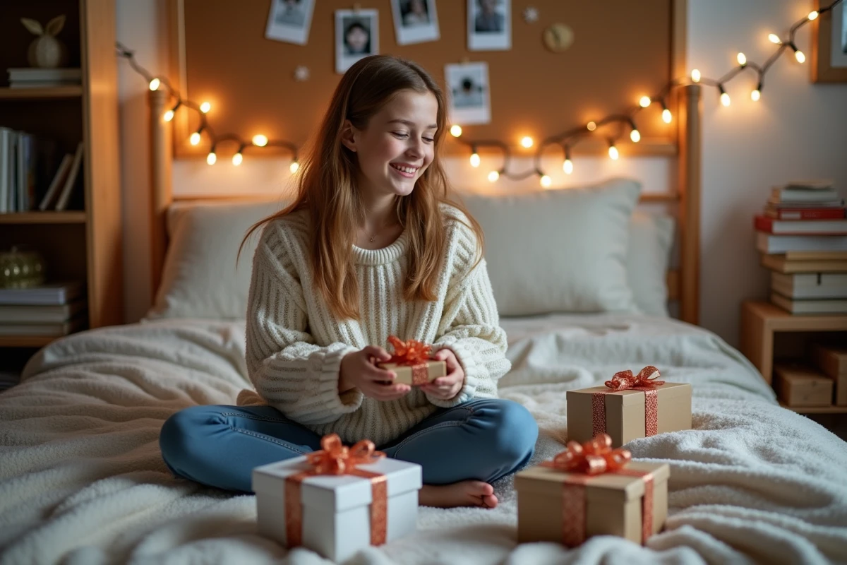 Adolescente de 16 ans souriante entourée de cadeaux originaux dans sa chambre décorée