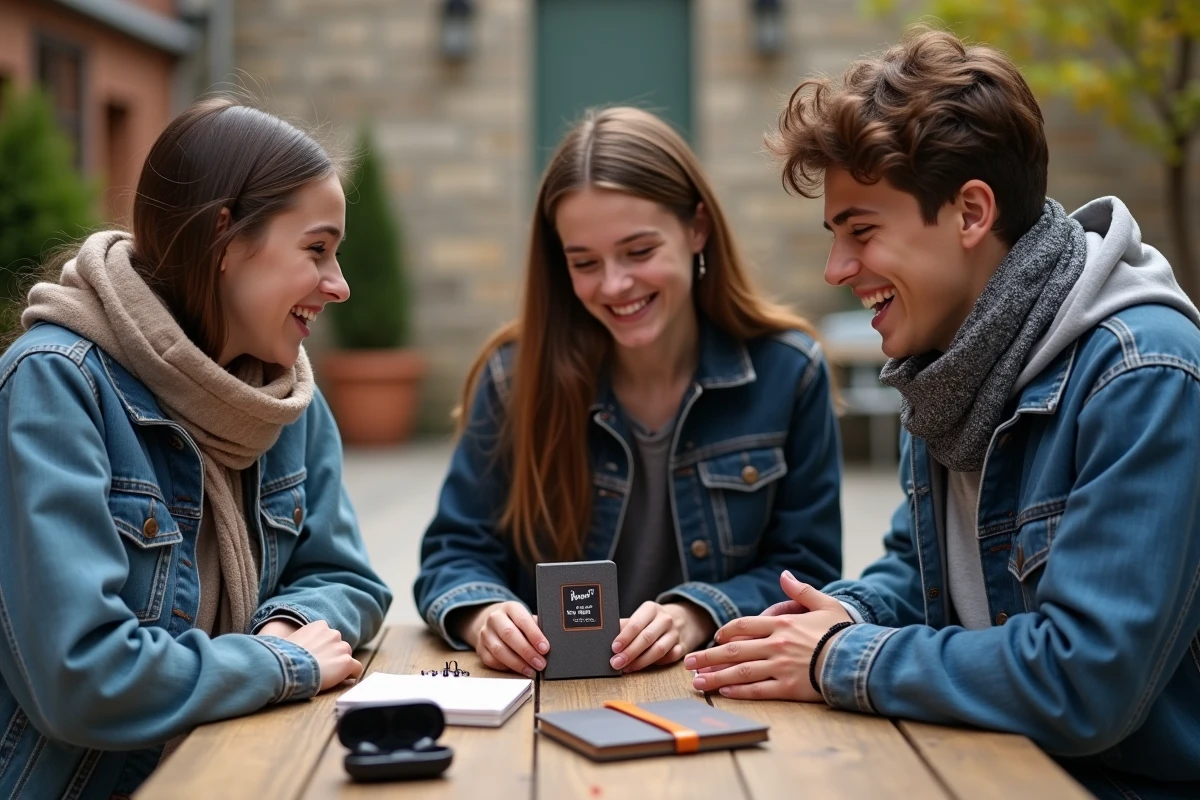Groupe d'adolescents de 16 ans découvrant des idées cadeaux originales autour d'une table en plein air