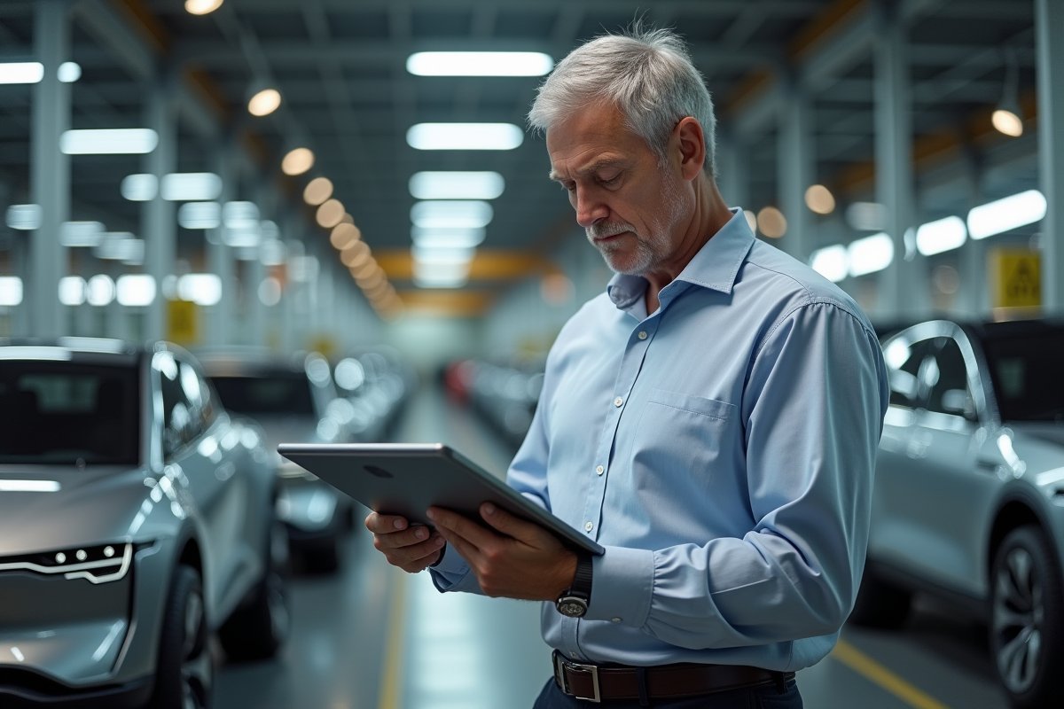 Ingénieur automobile examinant un prototype électrique futuriste