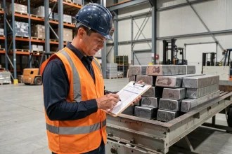 Ingénieur industriel consultant une fiche de conversion kg tonne sur une balance industrielle en entrepôt