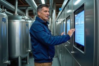 Ingénieur industriel contrôlant un panneau de stockage d'air comprimé