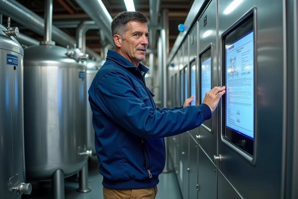 Ingénieur industriel contrôlant un panneau de stockage d'air comprimé