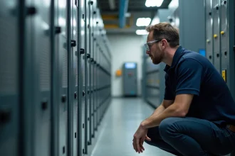 Ingénieur examinant un système de stockage d'énergie par batteries lithium-ion dans une installation industrielle moderne