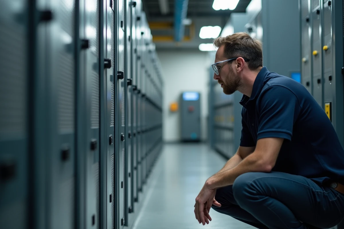 Ingénieur examinant un système de stockage d'énergie par batteries lithium-ion dans une installation industrielle moderne