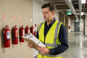 Inspecteur sécurité incendie vérifiant la conformité ERP de type R dans un couloir de bâtiment commercial