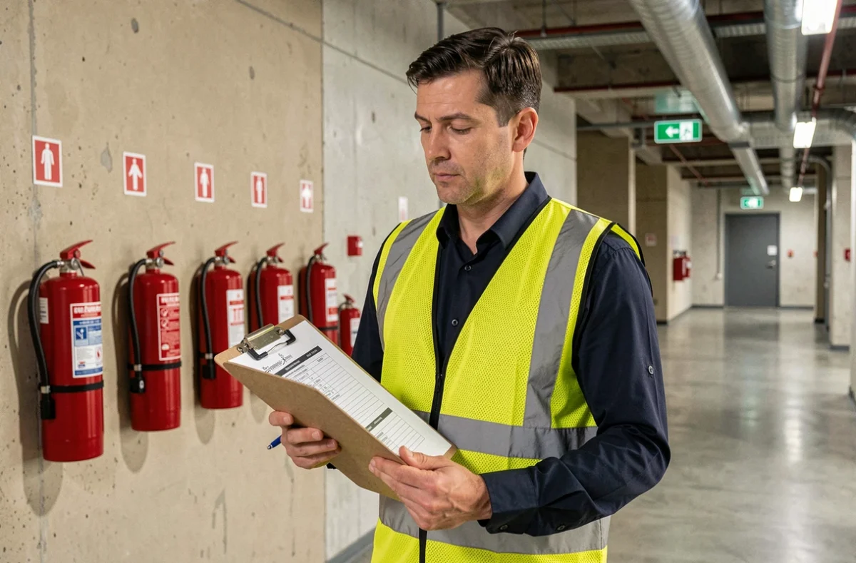Inspecteur sécurité incendie vérifiant la conformité ERP de type R dans un couloir de bâtiment commercial