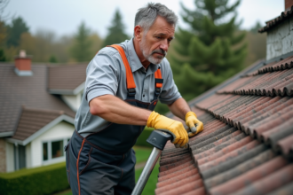 Homme en tenue de travail inspectant des tuiles en béton sur un toit